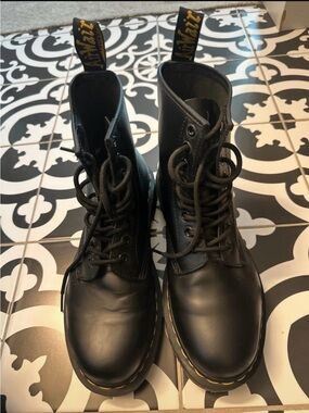 Dr. Martens Black Leather Lace-Up Combat Boots with Yellow Stitching